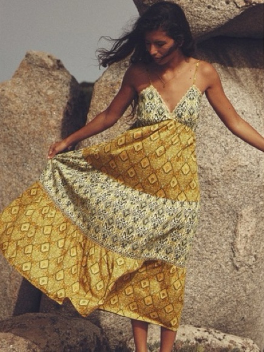Yellow Printed Maxi Dress with Spaghetti Straps
